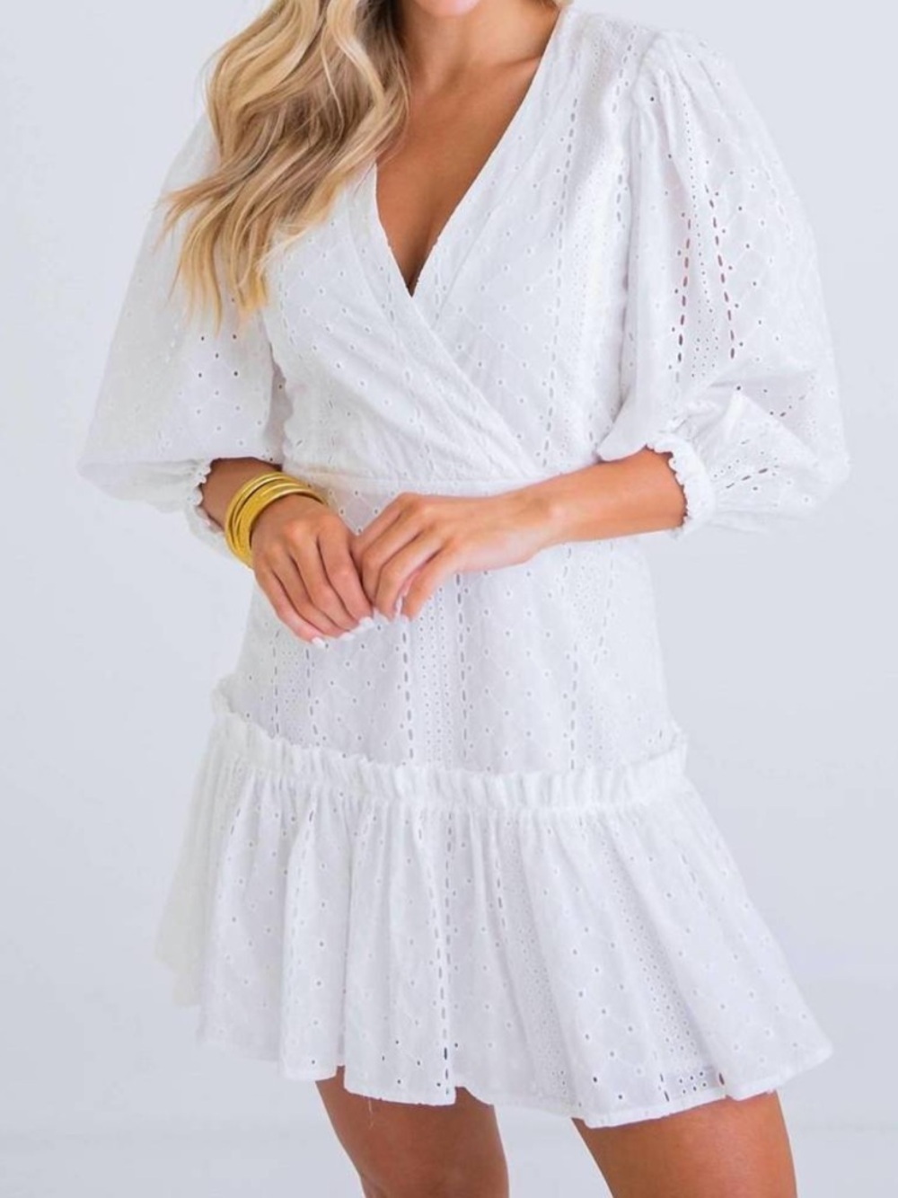 KARLIE White Cotton Eyelet Wrap V Neck Puff Sleeve Mini Dress Size S Cottagecore